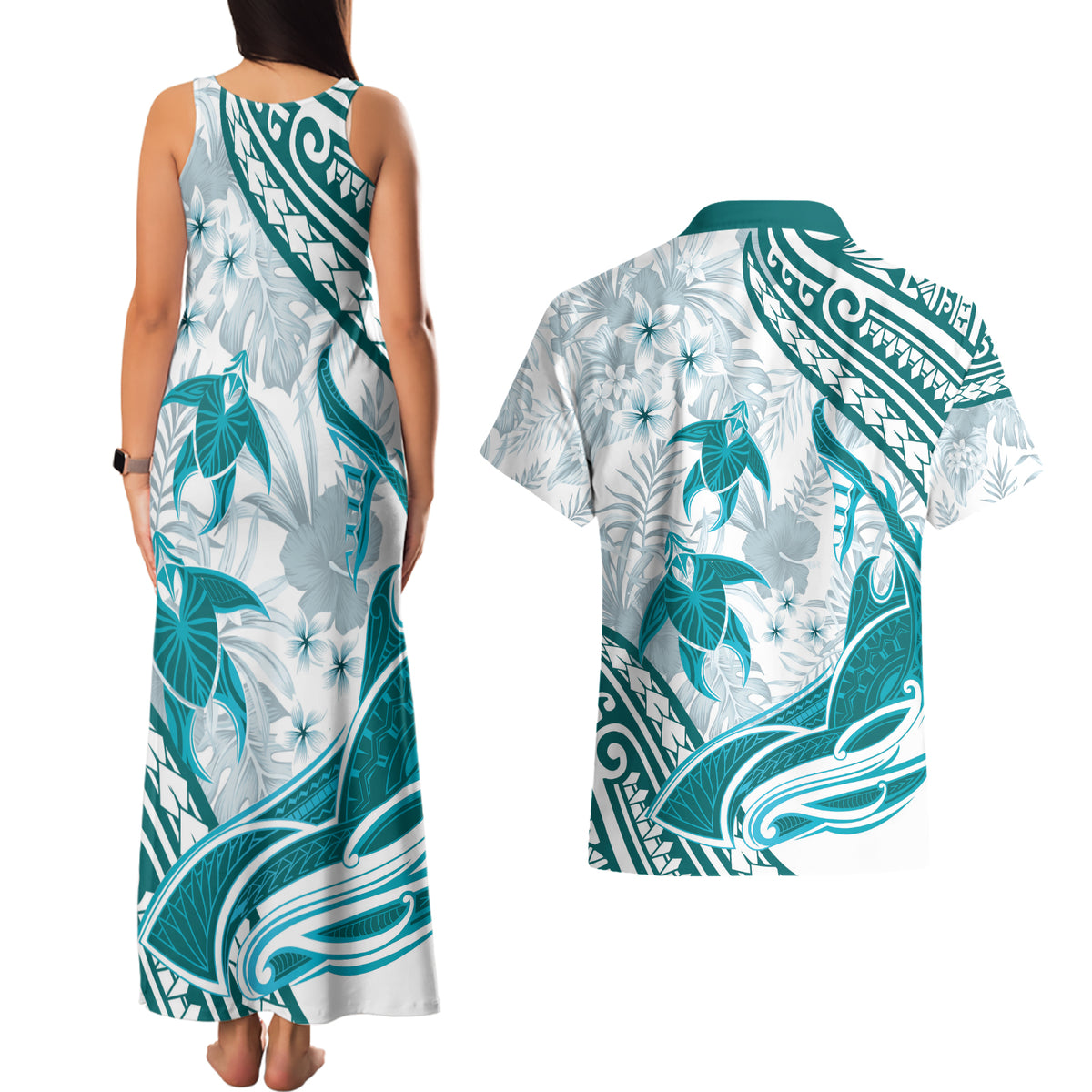 Cyan Polynesia Couples Matching Tank Maxi Dress and Hawaiian Shirt Polynesian Turtle Shark Tattoo Tropical Vintage LT14 - Polynesian Pride