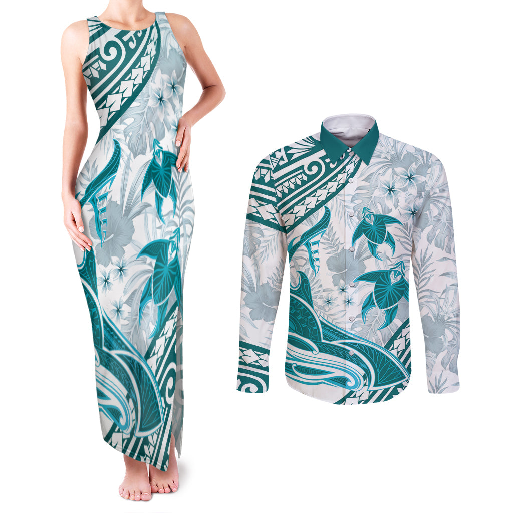Cyan Polynesia Couples Matching Tank Maxi Dress and Long Sleeve Button Shirt Polynesian Turtle Shark Tattoo Tropical Vintage LT14 Cyan - Polynesian Pride