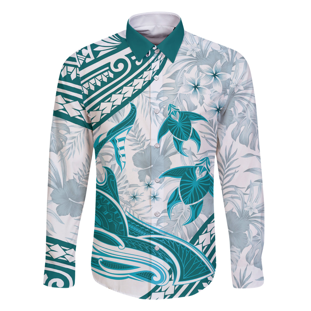 Cyan Polynesia Family Matching Long Sleeve Bodycon Dress and Hawaiian Shirt Polynesian Turtle Shark Tattoo Tropical Vintage LT14 Dad's Shirt - Long Sleeve Cyan - Polynesian Pride