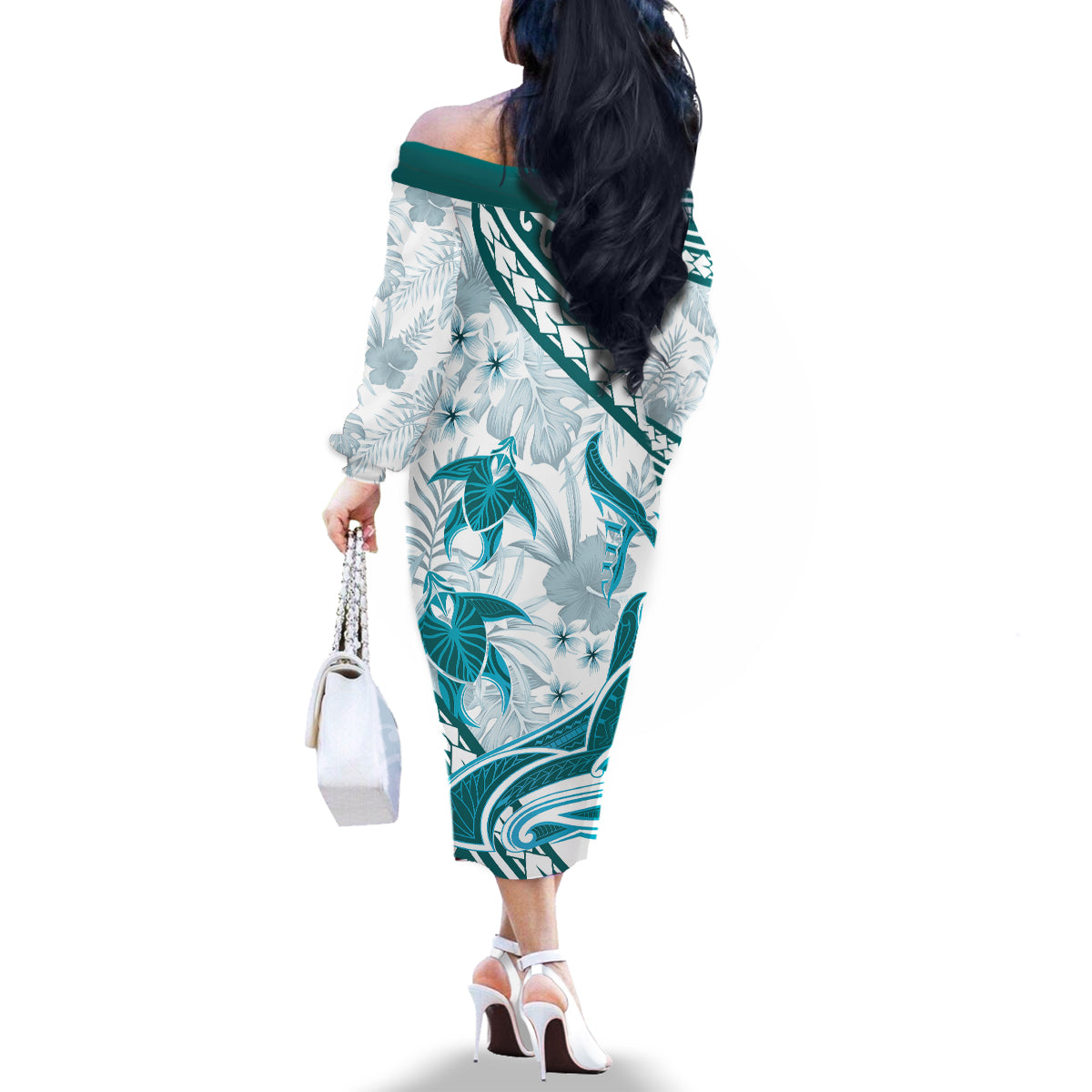 Cyan Polynesia Family Matching Off Shoulder Long Sleeve Dress and Hawaiian Shirt Polynesian Turtle Shark Tattoo Tropical Vintage LT14 - Polynesian Pride