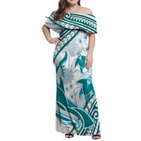 Cyan Polynesia Family Matching Off Shoulder Maxi Dress and Hawaiian Shirt Polynesian Turtle Shark Tattoo Tropical Vintage LT14 Mom's Dress Cyan - Polynesian Pride