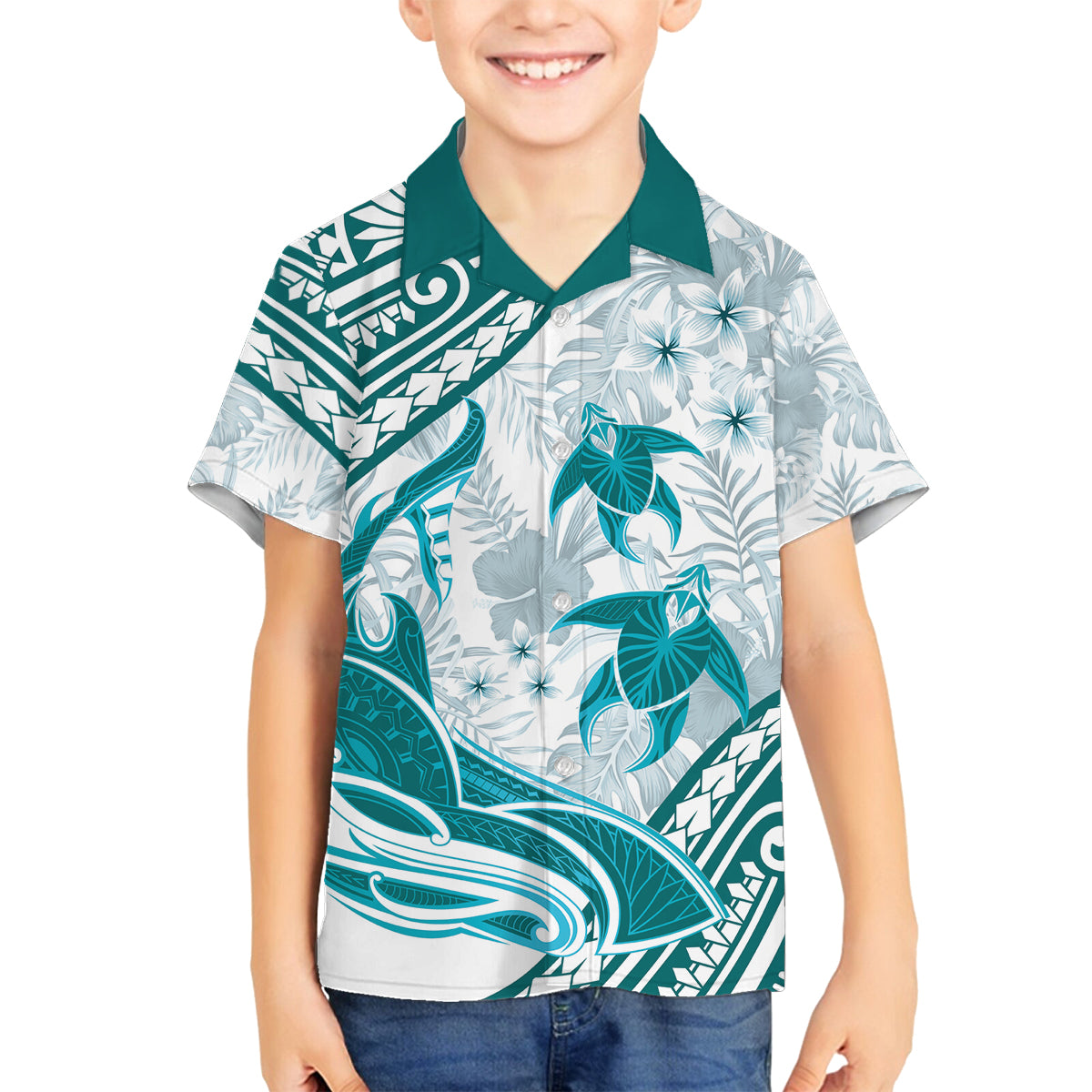 Cyan Polynesia Family Matching Tank Maxi Dress and Hawaiian Shirt Polynesian Turtle Shark Tattoo Tropical Vintage LT14 Son's Shirt Cyan - Polynesian Pride