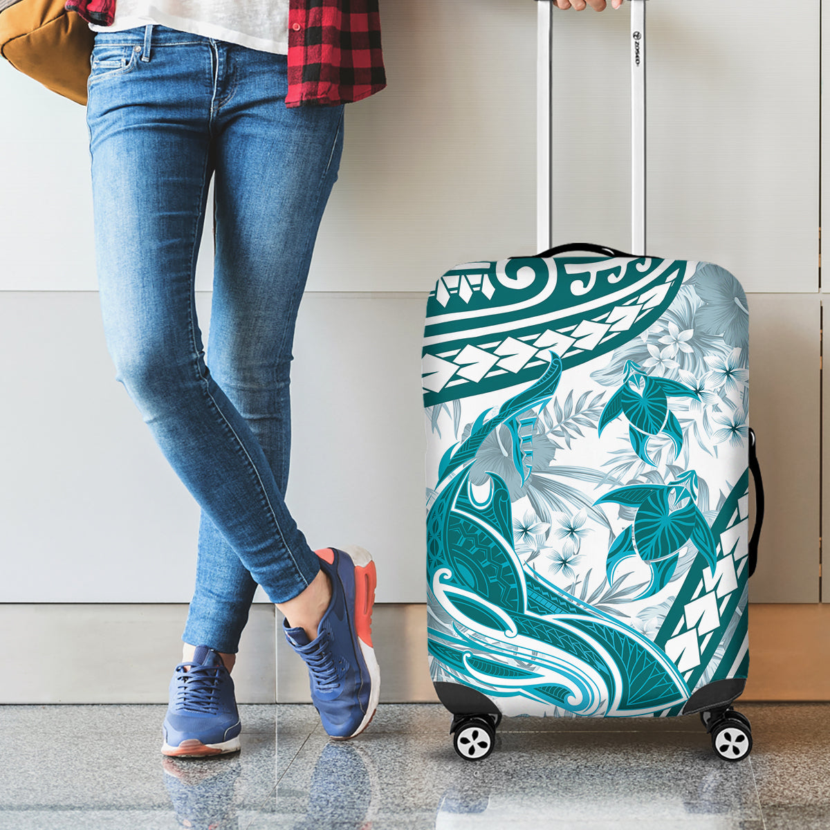 Cyan Polynesia Luggage Cover Polynesian Turtle Shark Tattoo Tropical Vintage