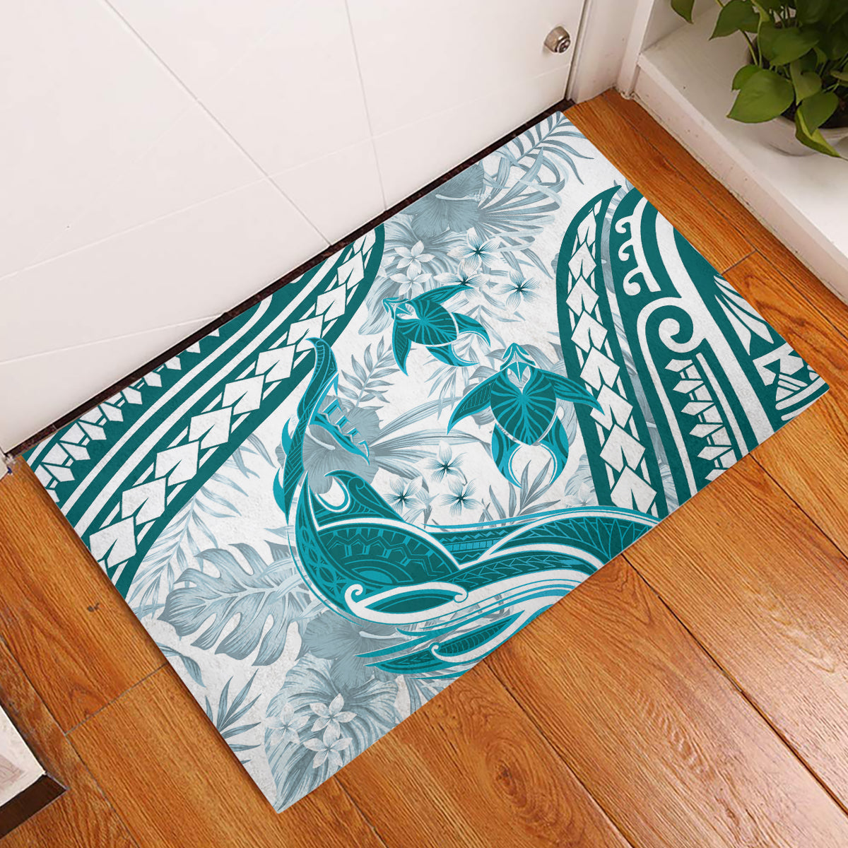 Cyan Polynesia Rubber Doormat Polynesian Turtle Shark Tattoo Tropical Vintage LT14 Cyan - Polynesian Pride