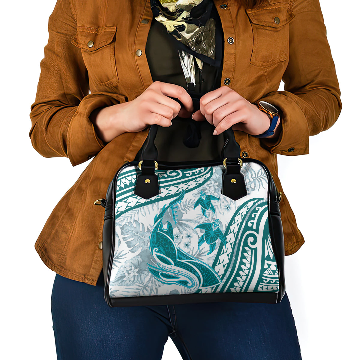 Cyan Polynesia Shoulder Handbag Polynesian Turtle Shark Tattoo Tropical Vintage