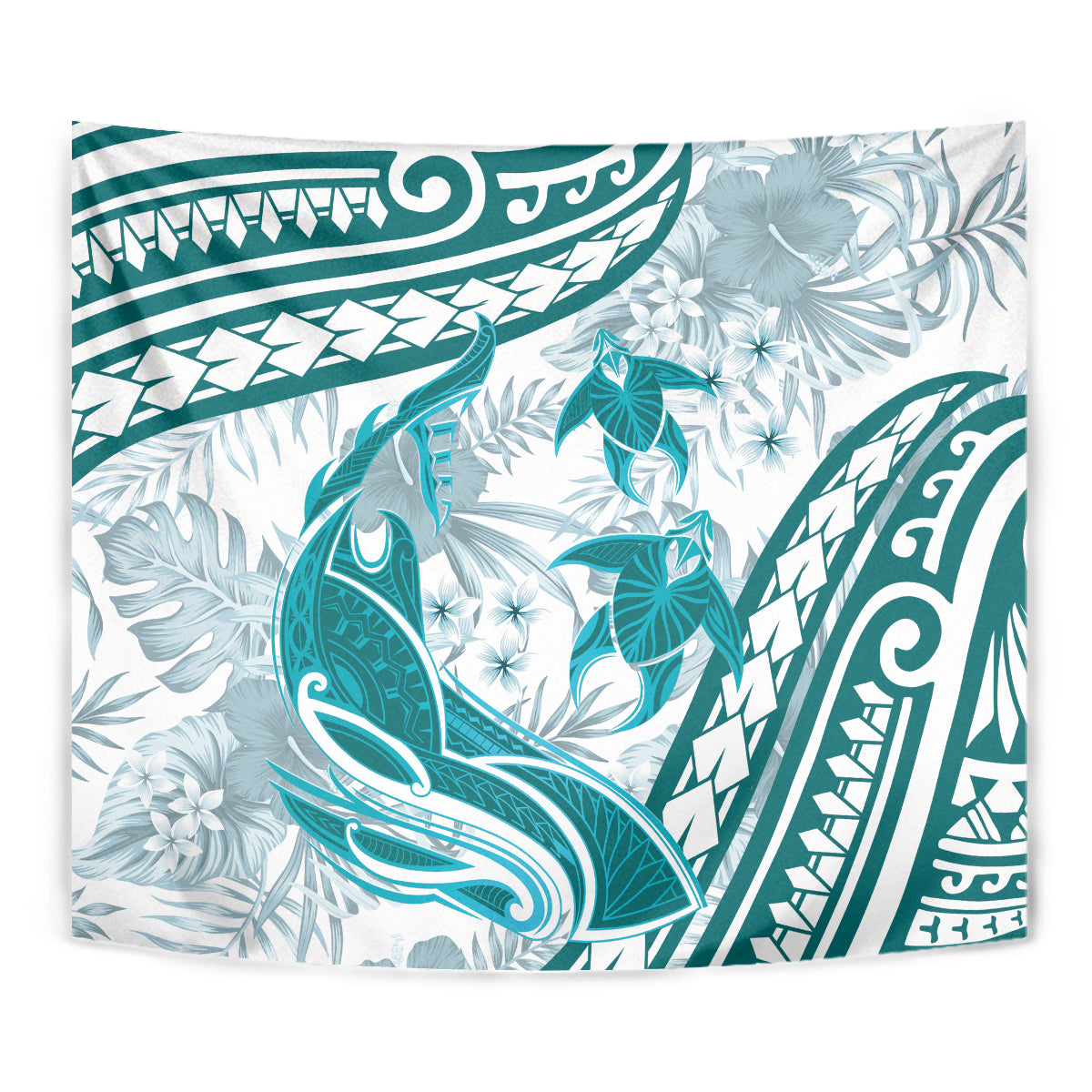 Cyan Polynesia Tapestry Polynesian Turtle Shark Tattoo Tropical Vintage