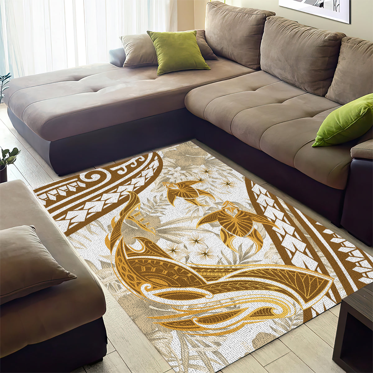 Gold Polynesia Area Rug Polynesian Turtle Shark Tattoo Tropical Vintage