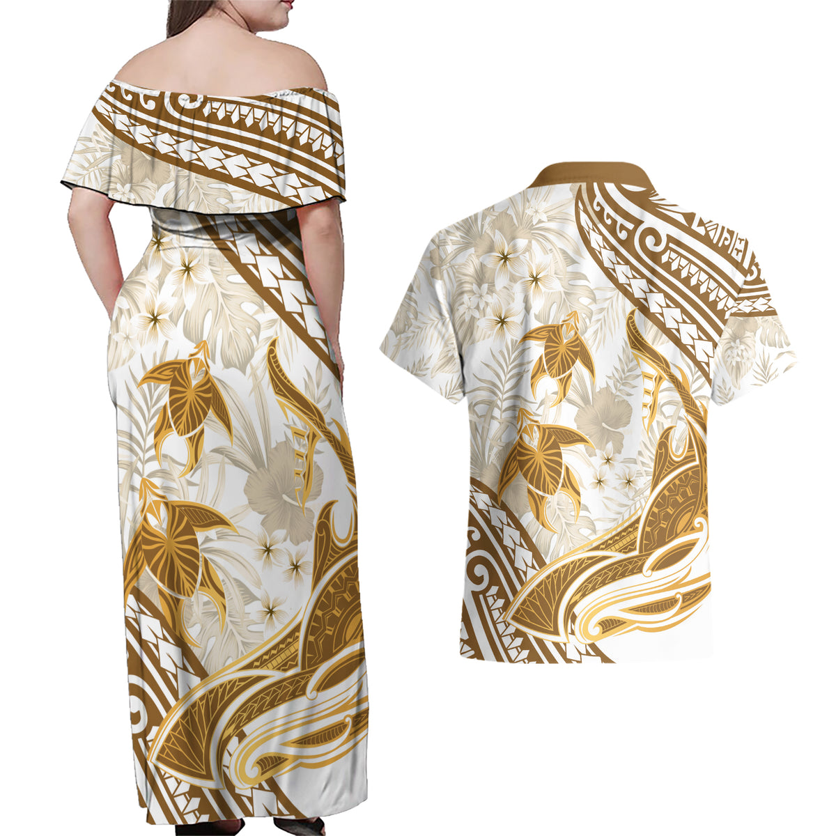 Gold Polynesia Couples Matching Off Shoulder Maxi Dress and Hawaiian Shirt Polynesian Turtle Shark Tattoo Tropical Vintage LT14 - Polynesian Pride