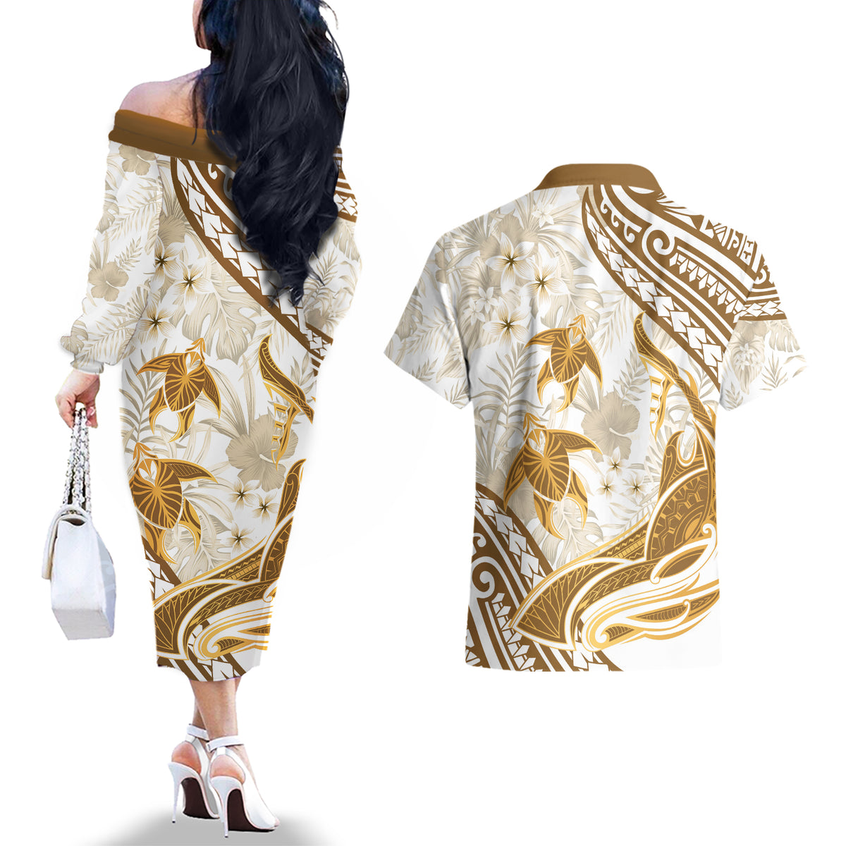 Gold Polynesia Couples Matching Off The Shoulder Long Sleeve Dress and Hawaiian Shirt Polynesian Turtle Shark Tattoo Tropical Vintage LT14 - Polynesian Pride