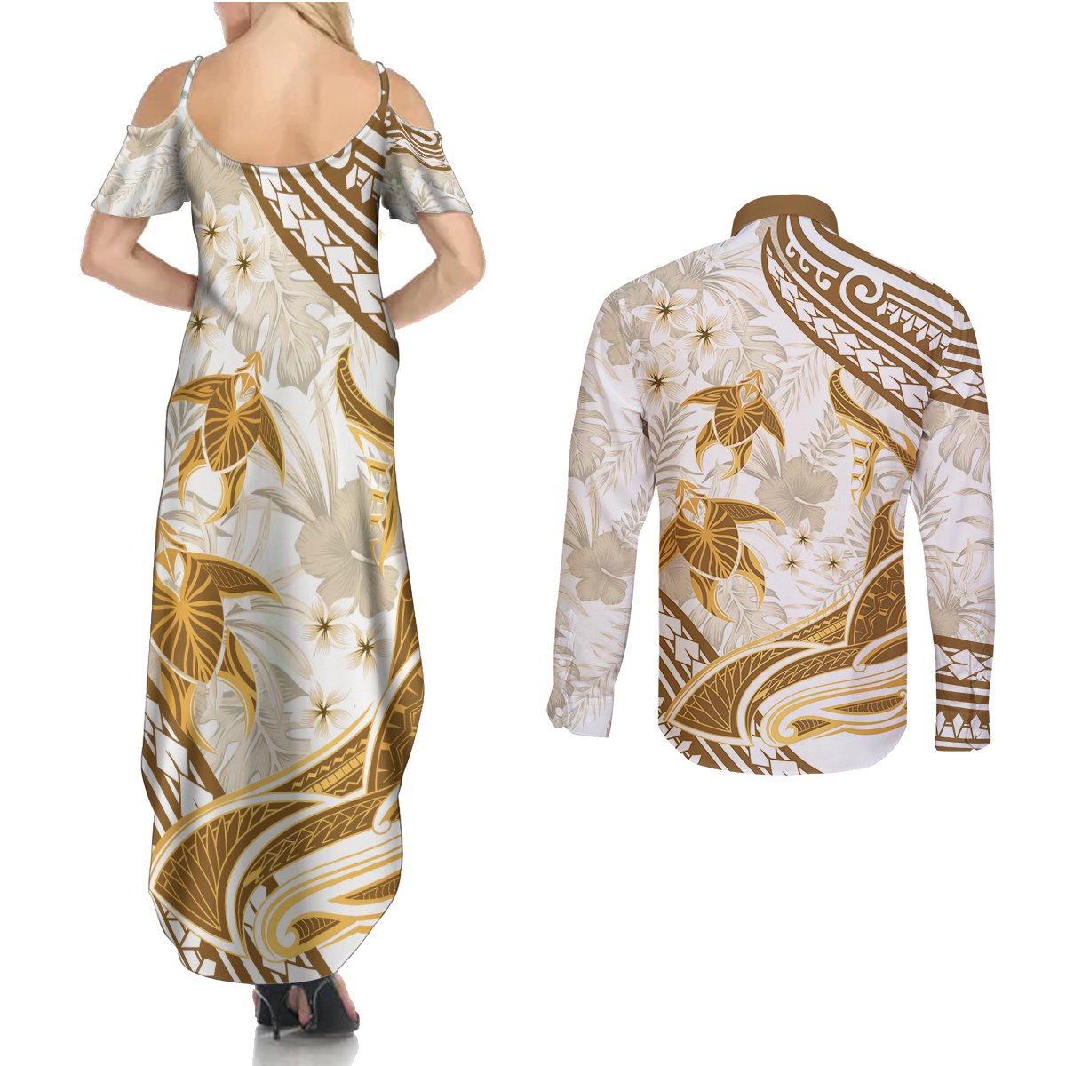 Gold Polynesia Couples Matching Summer Maxi Dress and Long Sleeve Button Shirt Polynesian Turtle Shark Tattoo Tropical Vintage LT14 - Polynesian Pride