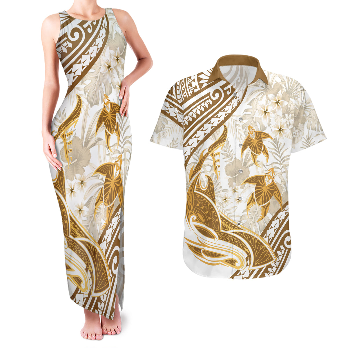 Gold Polynesia Couples Matching Tank Maxi Dress and Hawaiian Shirt Polynesian Turtle Shark Tattoo Tropical Vintage LT14 Gold - Polynesian Pride