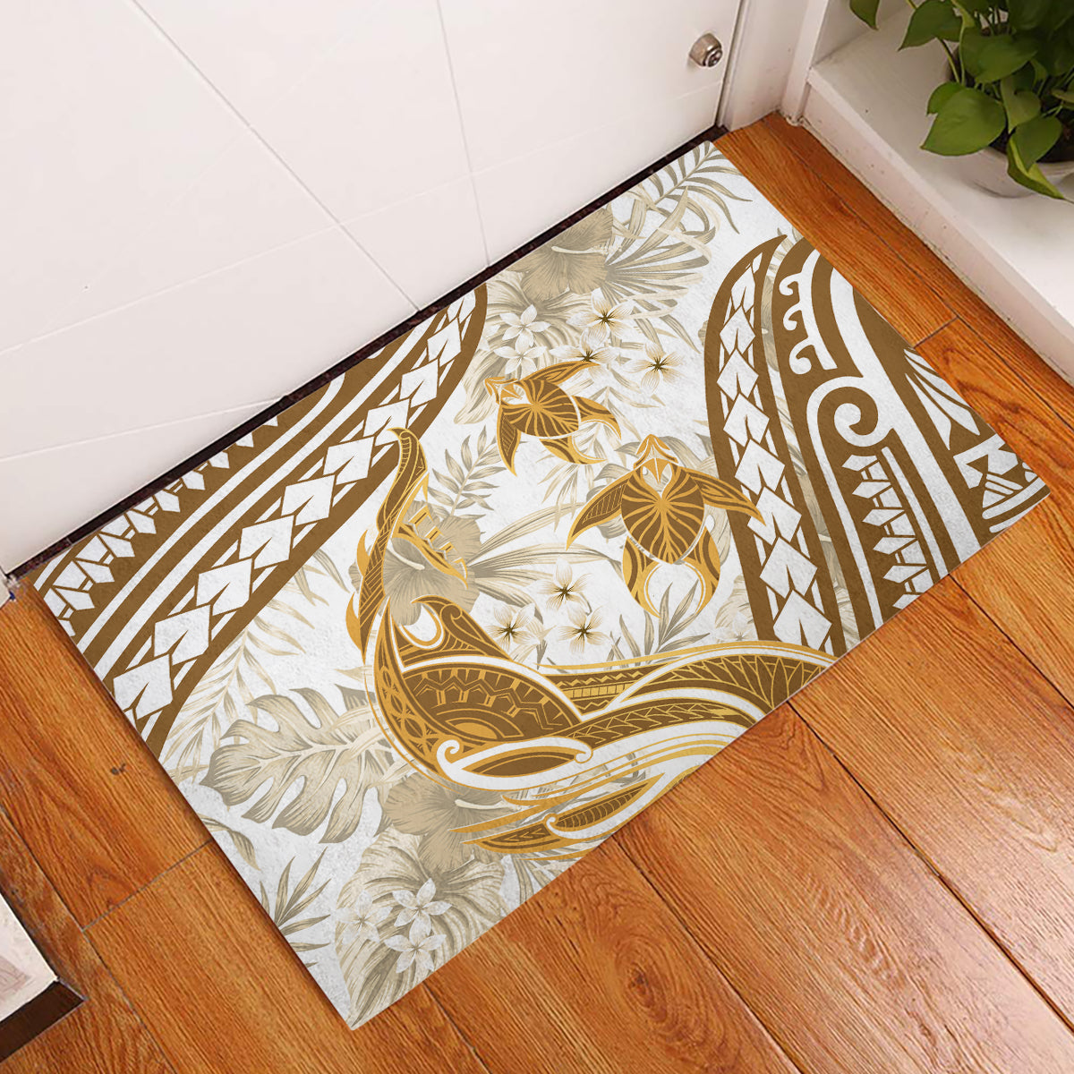 Gold Polynesia Rubber Doormat Polynesian Turtle Shark Tattoo Tropical Vintage