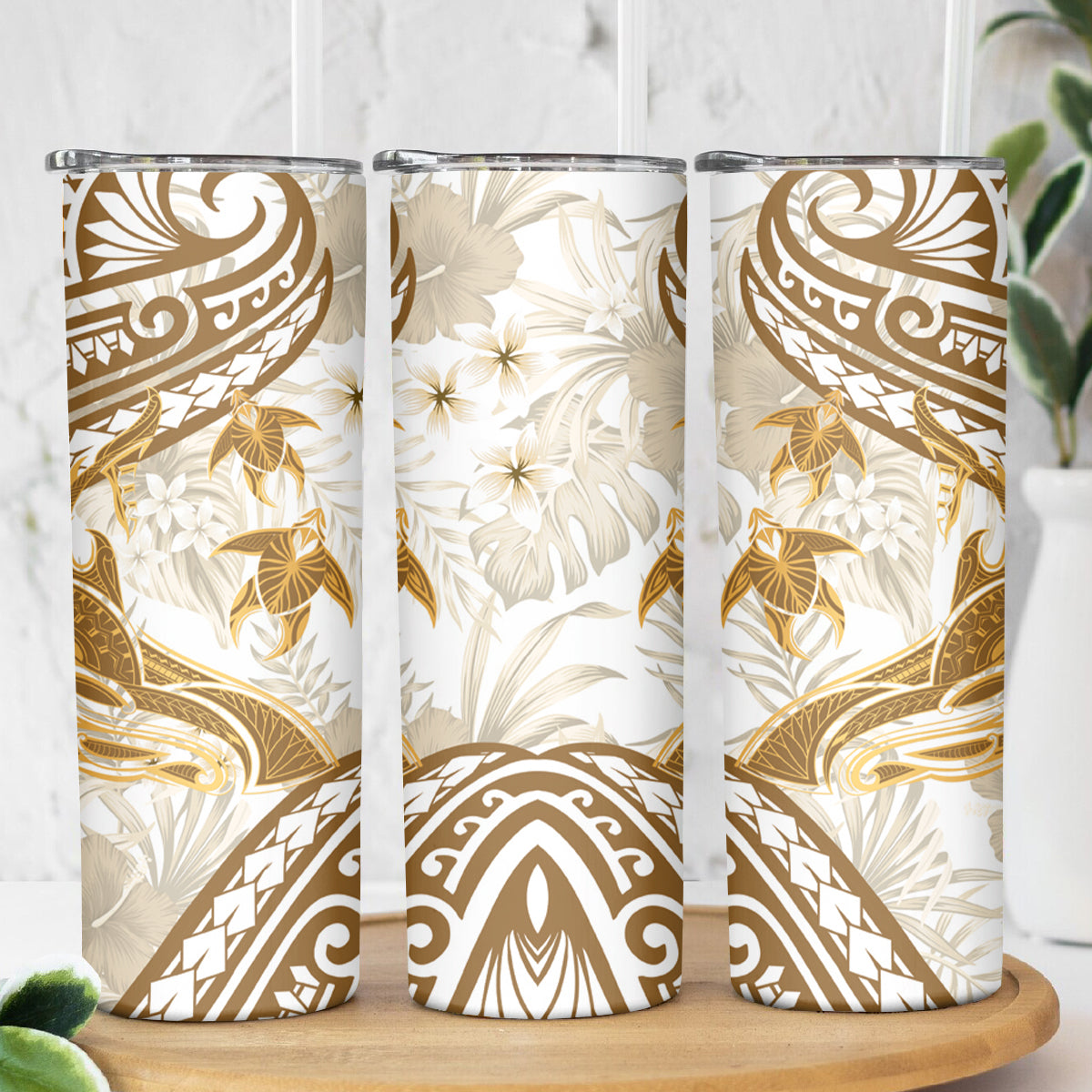 Gold Polynesia Skinny Tumbler Polynesian Turtle Shark Tattoo Tropical Vintage