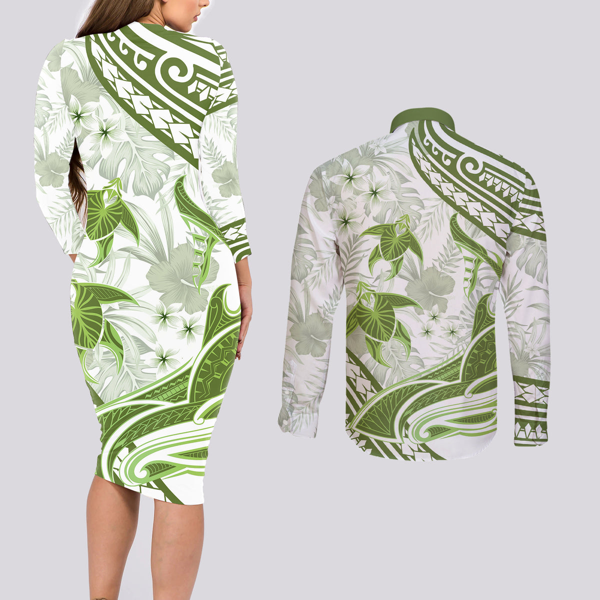 Lime Green Polynesia Couples Matching Long Sleeve Bodycon Dress and Long Sleeve Button Shirt Polynesian Turtle Shark Tattoo Tropical Vintage LT14 - Polynesian Pride