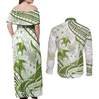 Lime Green Polynesia Couples Matching Off Shoulder Maxi Dress and Long Sleeve Button Shirt Polynesian Turtle Shark Tattoo Tropical Vintage LT14 - Polynesian Pride