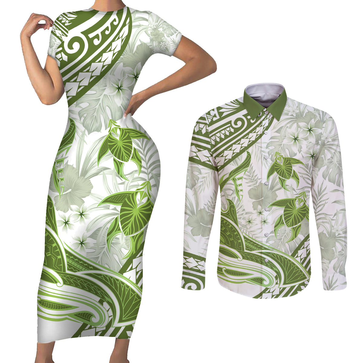Lime Green Polynesia Couples Matching Short Sleeve Bodycon Dress and Long Sleeve Button Shirt Polynesian Turtle Shark Tattoo Tropical Vintage LT14 Lime Green - Polynesian Pride