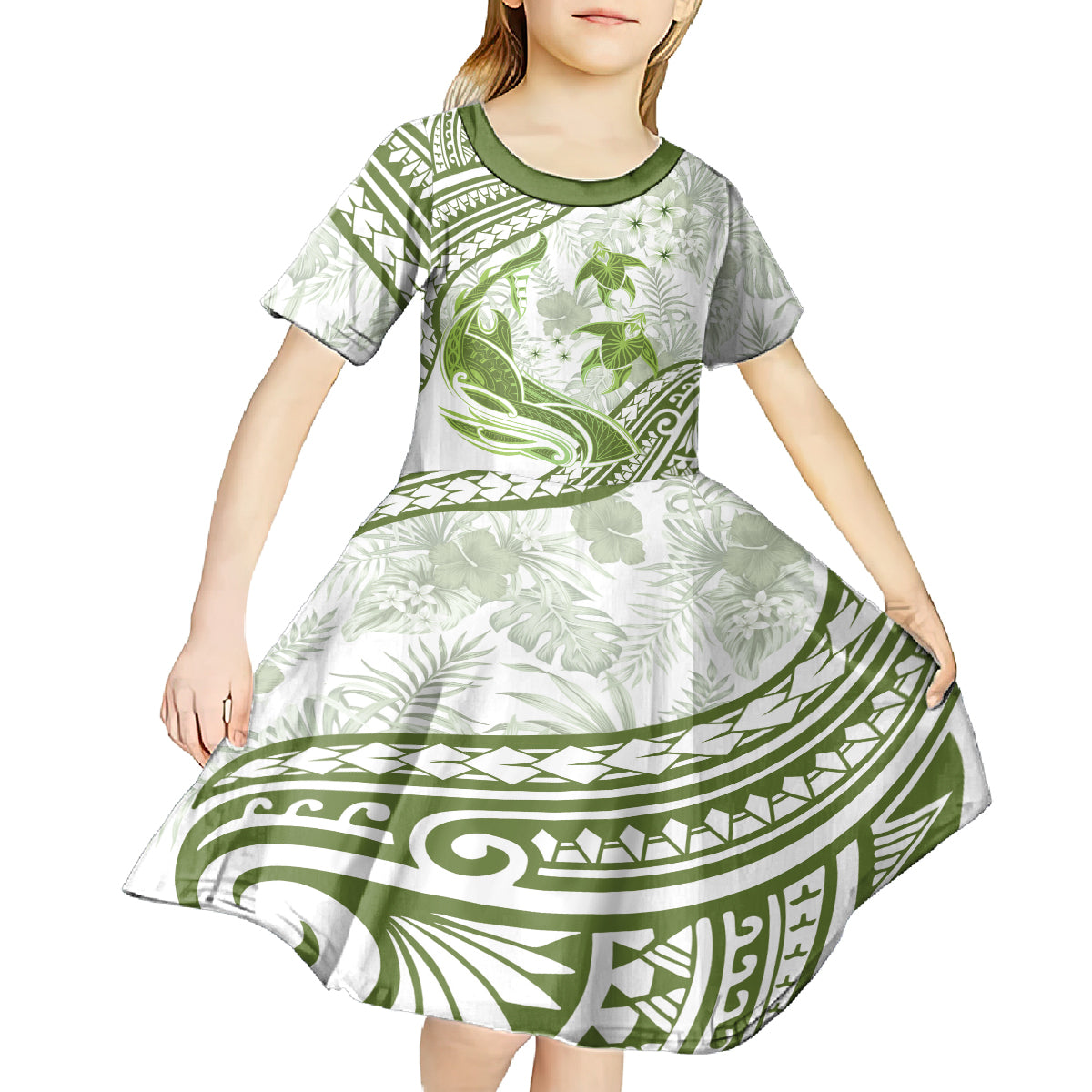 Lime Green Polynesia Kid Short Sleeve Dress Polynesian Turtle Shark Tattoo Tropical Vintage LT14 - Polynesian Pride