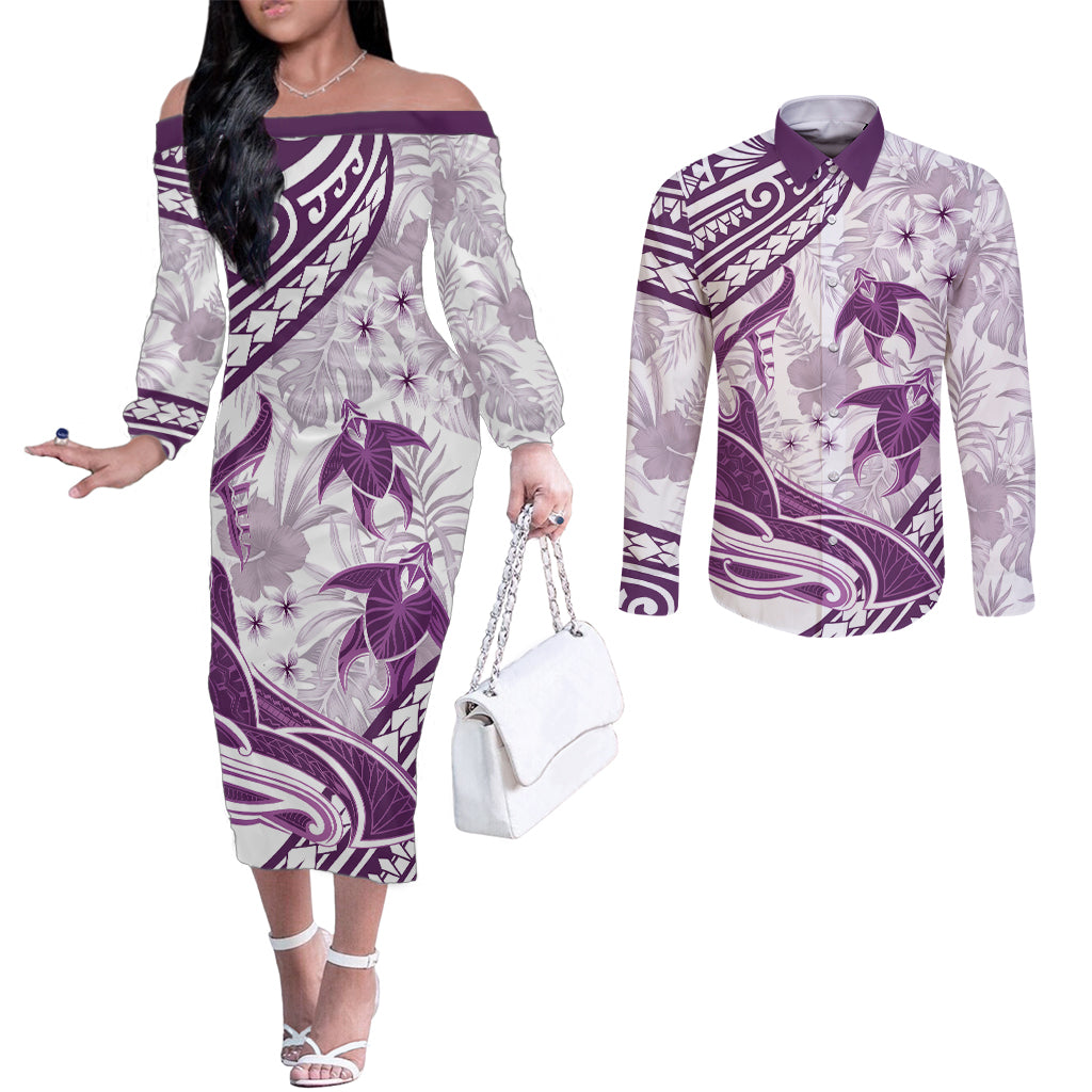 Purple Polynesia Couples Matching Off The Shoulder Long Sleeve Dress and Long Sleeve Button Shirt Polynesian Turtle Shark Tattoo Tropical Vintage LT14 Purple - Polynesian Pride