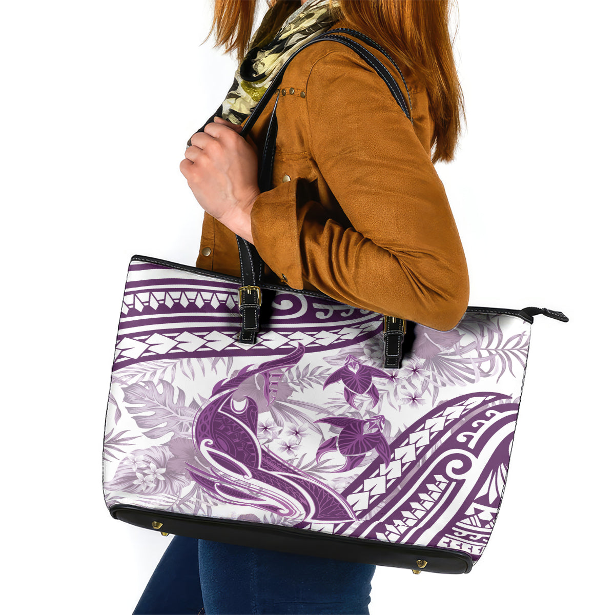 Purple Polynesia Leather Tote Bag Polynesian Turtle Shark Tattoo Tropical Vintage LT14 Purple - Polynesian Pride