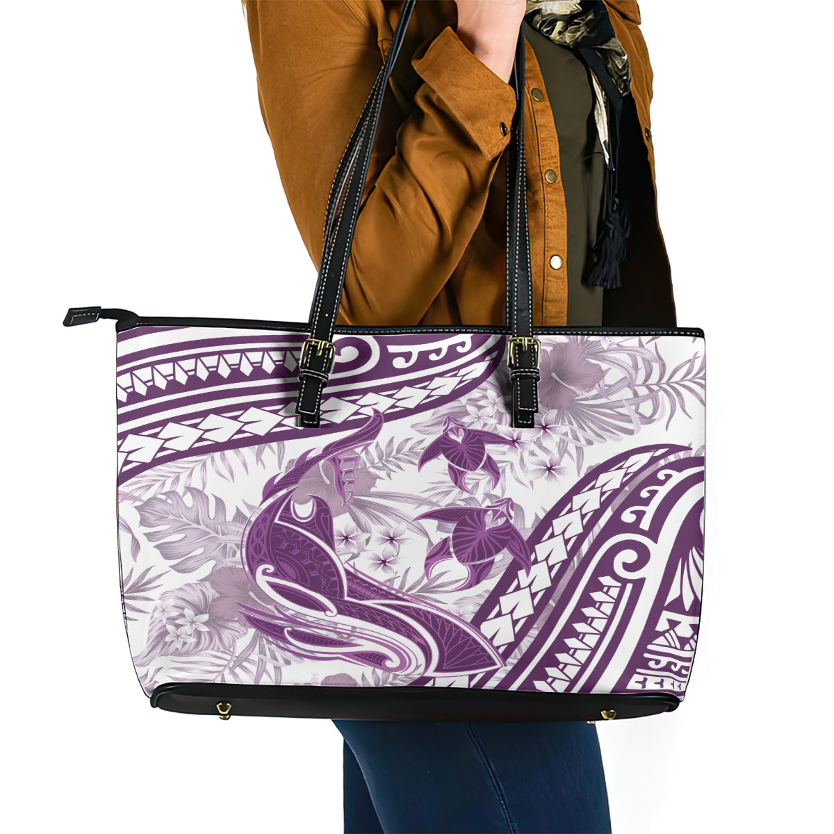 Purple Polynesia Leather Tote Bag Polynesian Turtle Shark Tattoo Tropical Vintage LT14 - Polynesian Pride