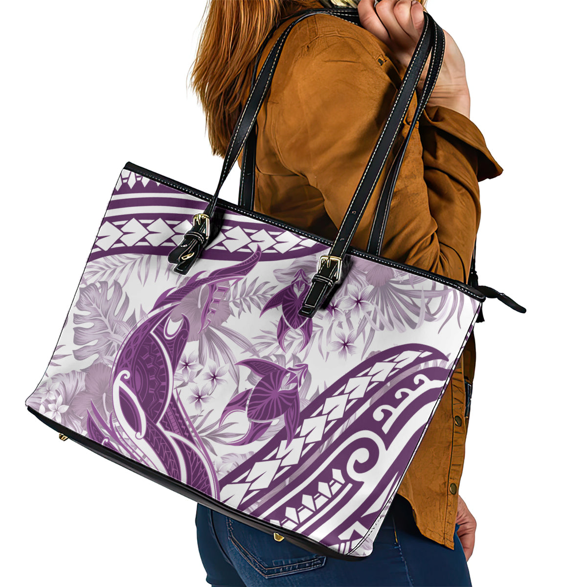 Purple Polynesia Leather Tote Bag Polynesian Turtle Shark Tattoo Tropical Vintage LT14 - Polynesian Pride
