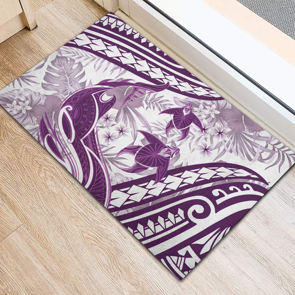Purple Polynesia Rubber Doormat Polynesian Turtle Shark Tattoo Tropical Vintage