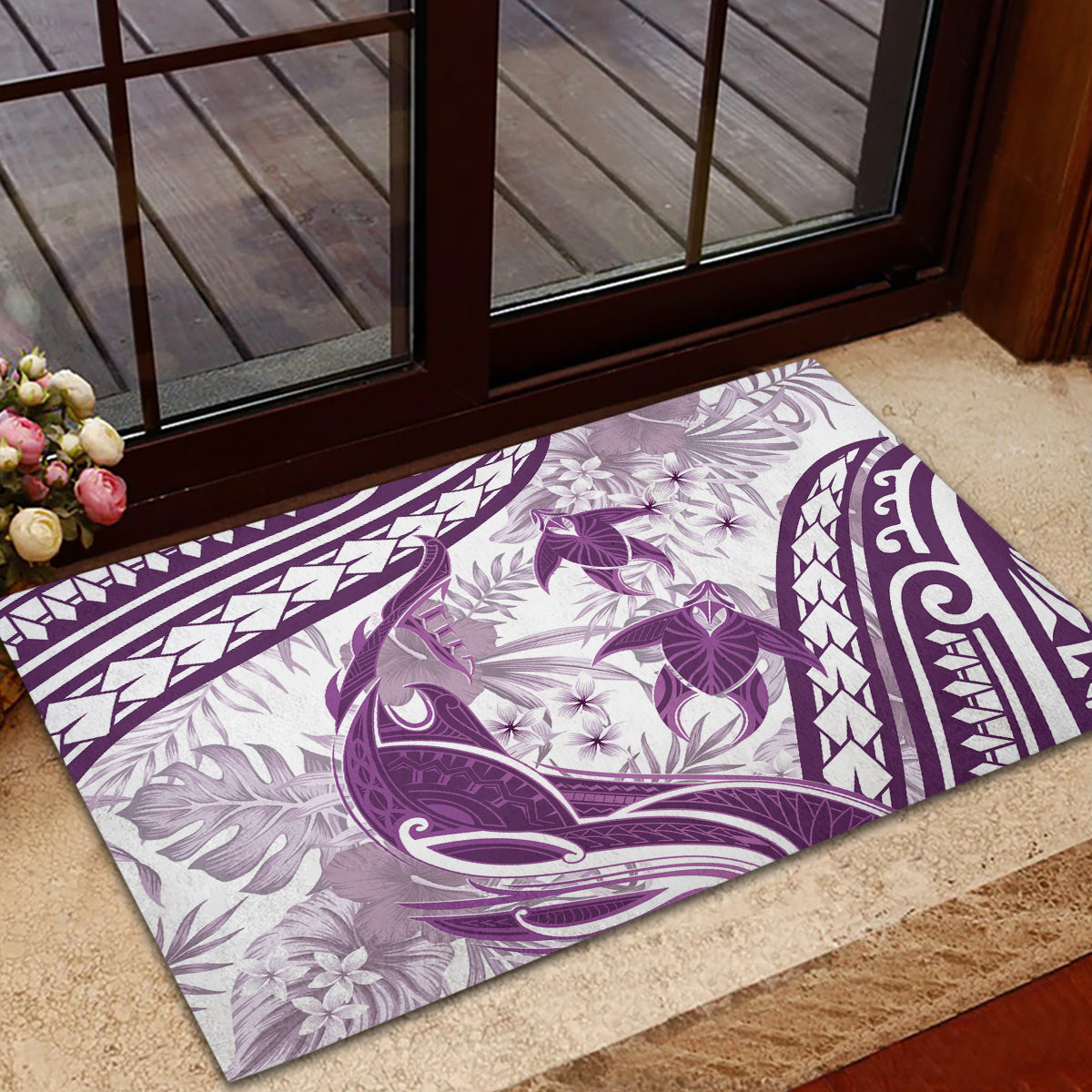 Purple Polynesia Rubber Doormat Polynesian Turtle Shark Tattoo Tropical Vintage