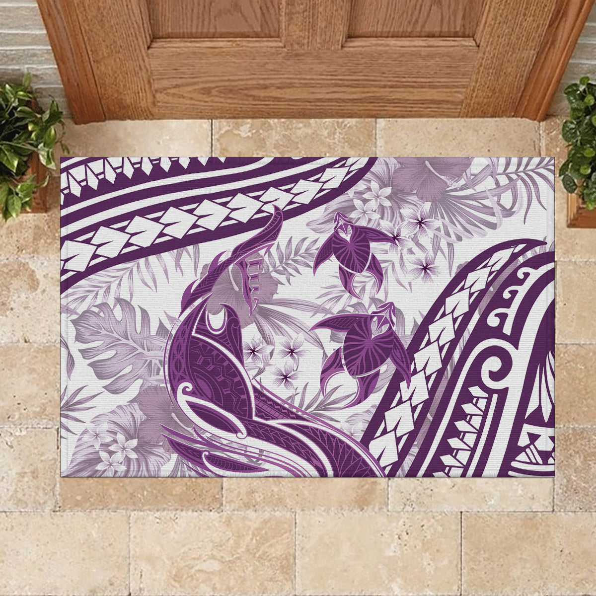 Purple Polynesia Rubber Doormat Polynesian Turtle Shark Tattoo Tropical Vintage