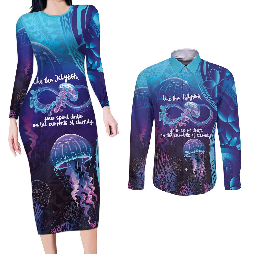 Polynesia Jellyfish Memorial Personalised Couples Matching Long Sleeve Bodycon Dress and Long Sleeve Button Shirt Infinity Jellies Polynesian Pattern LT14 Purple - Polynesian Pride
