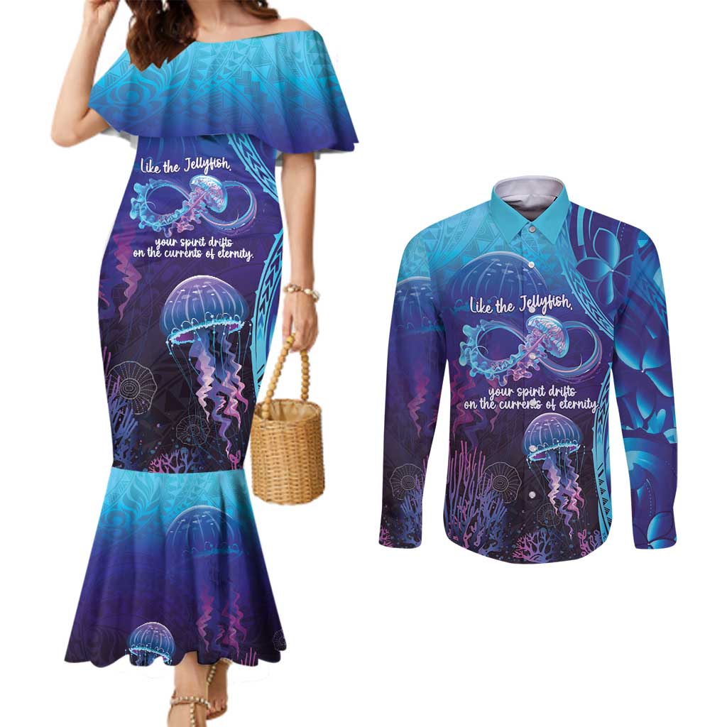 Polynesia Jellyfish Memorial Personalised Couples Matching Mermaid Dress and Long Sleeve Button Shirt Infinity Jellies Polynesian Pattern LT14 Purple - Polynesian Pride
