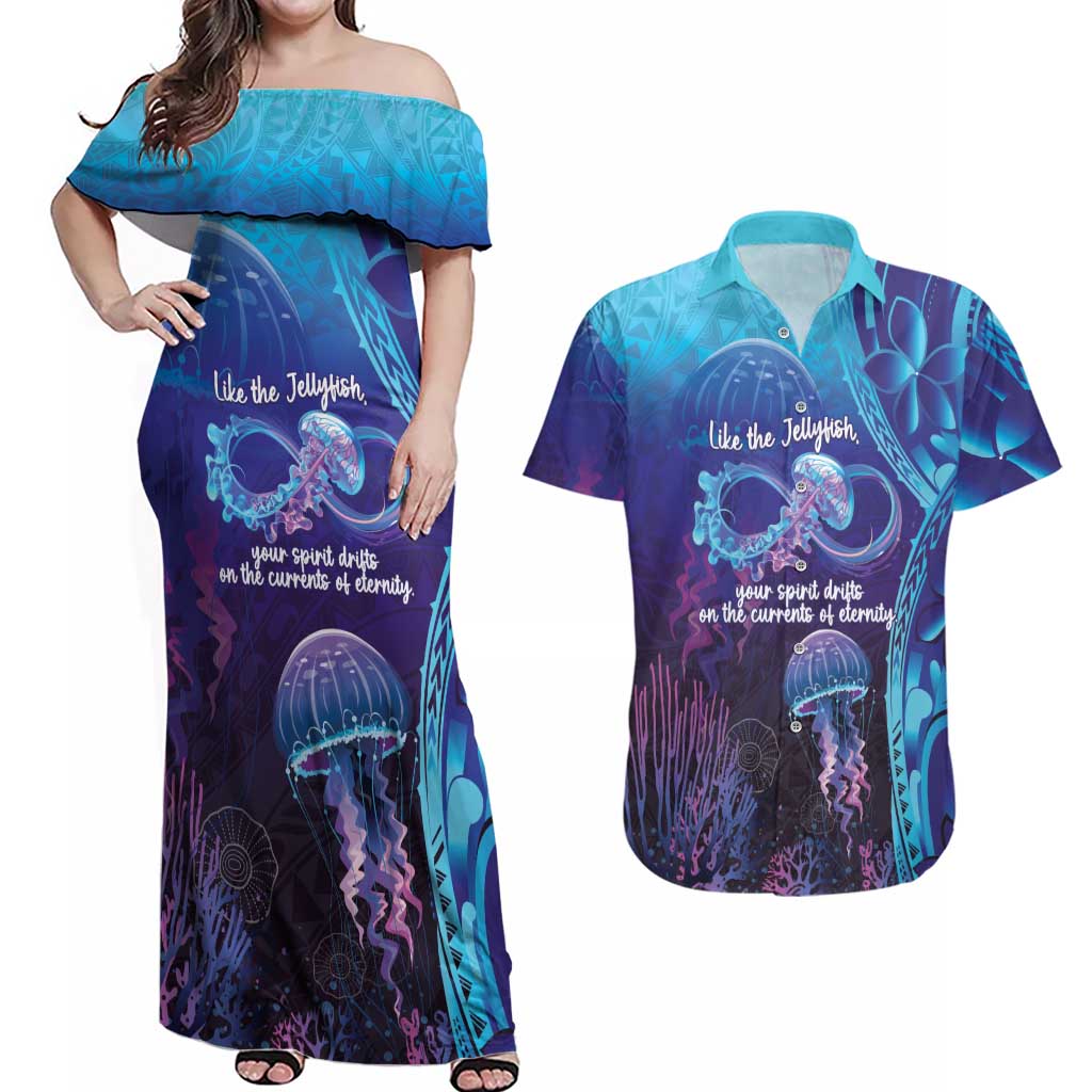 Polynesia Jellyfish Memorial Personalised Couples Matching Off Shoulder Maxi Dress and Hawaiian Shirt Infinity Jellies Polynesian Pattern LT14 Purple - Polynesian Pride