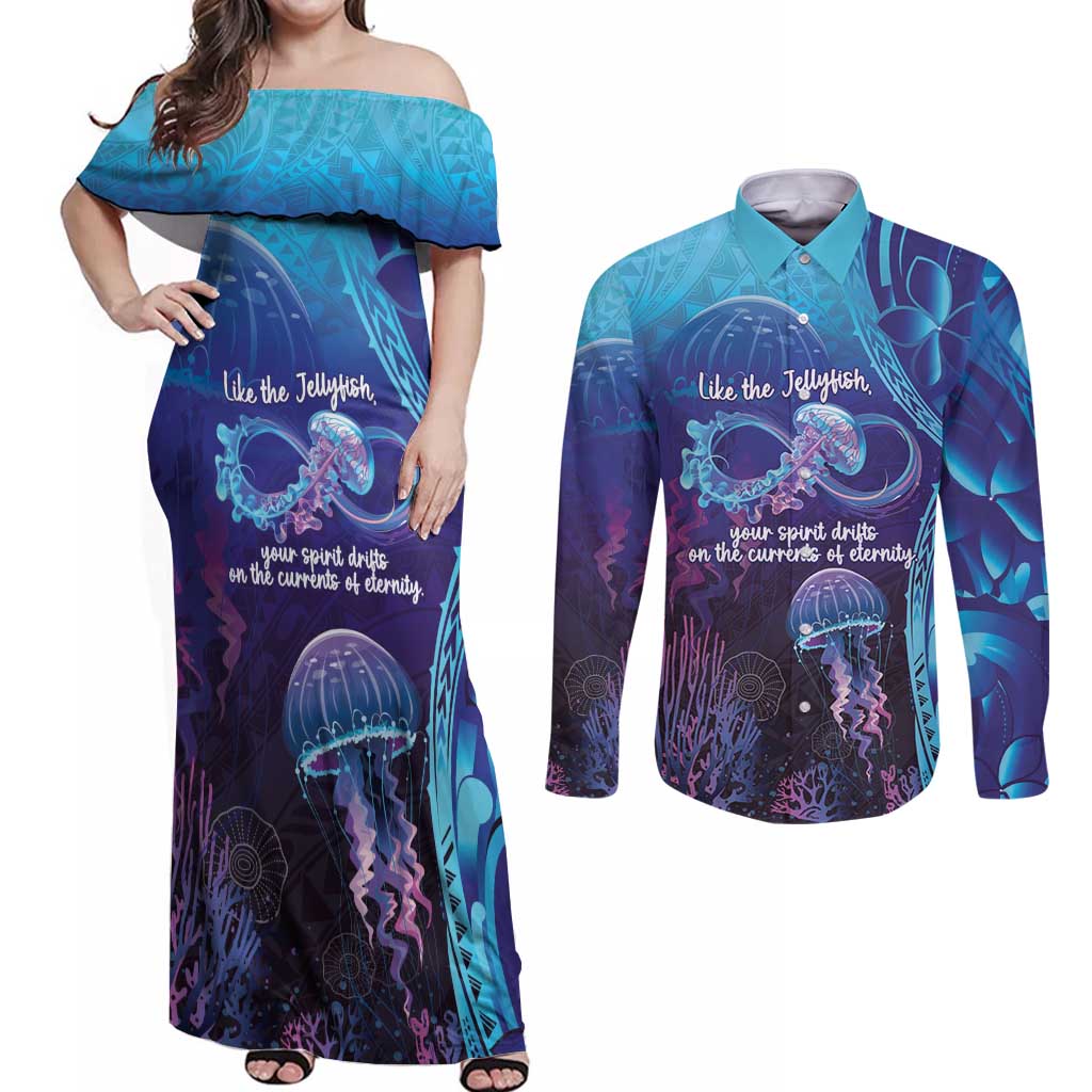 Polynesia Jellyfish Memorial Personalised Couples Matching Off Shoulder Maxi Dress and Long Sleeve Button Shirt Infinity Jellies Polynesian Pattern LT14 Purple - Polynesian Pride