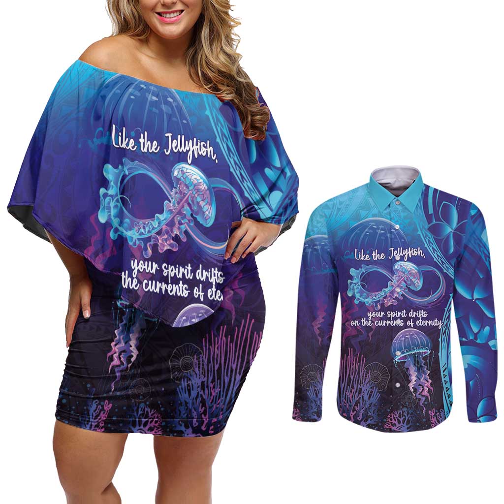 Polynesia Jellyfish Memorial Personalised Couples Matching Off Shoulder Short Dress and Long Sleeve Button Shirt Infinity Jellies Polynesian Pattern LT14 Purple - Polynesian Pride