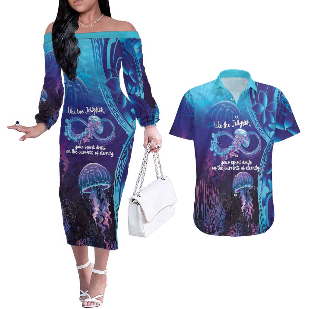 Polynesia Jellyfish Memorial Personalised Couples Matching Off The Shoulder Long Sleeve Dress and Hawaiian Shirt Infinity Jellies Polynesian Pattern LT14 Purple - Polynesian Pride