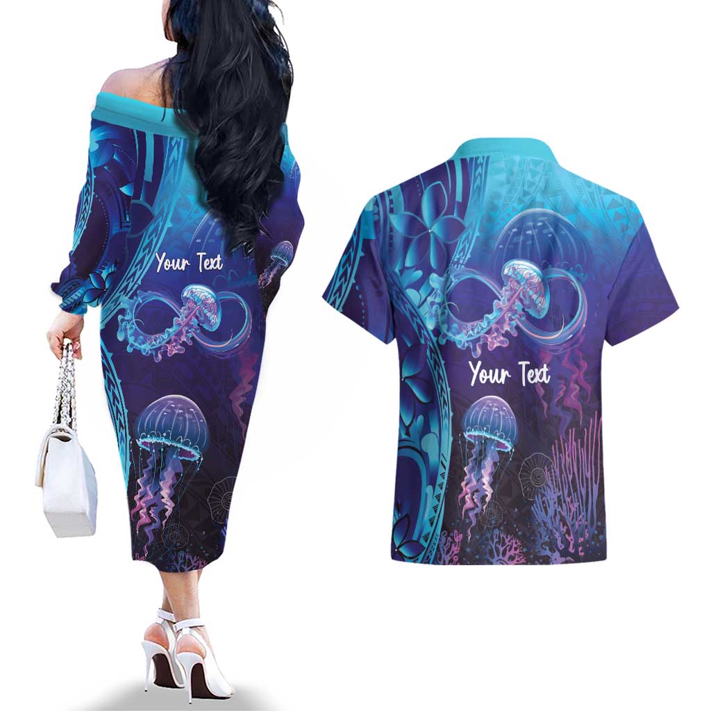 Polynesia Jellyfish Memorial Personalised Couples Matching Off The Shoulder Long Sleeve Dress and Hawaiian Shirt Infinity Jellies Polynesian Pattern