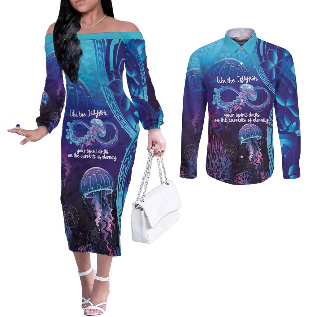Polynesia Jellyfish Memorial Personalised Couples Matching Off The Shoulder Long Sleeve Dress and Long Sleeve Button Shirt Infinity Jellies Polynesian Pattern LT14 Purple - Polynesian Pride