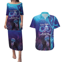 Polynesia Jellyfish Memorial Personalised Couples Matching Puletasi and Hawaiian Shirt Infinity Jellies Polynesian Pattern LT14 Purple - Polynesian Pride