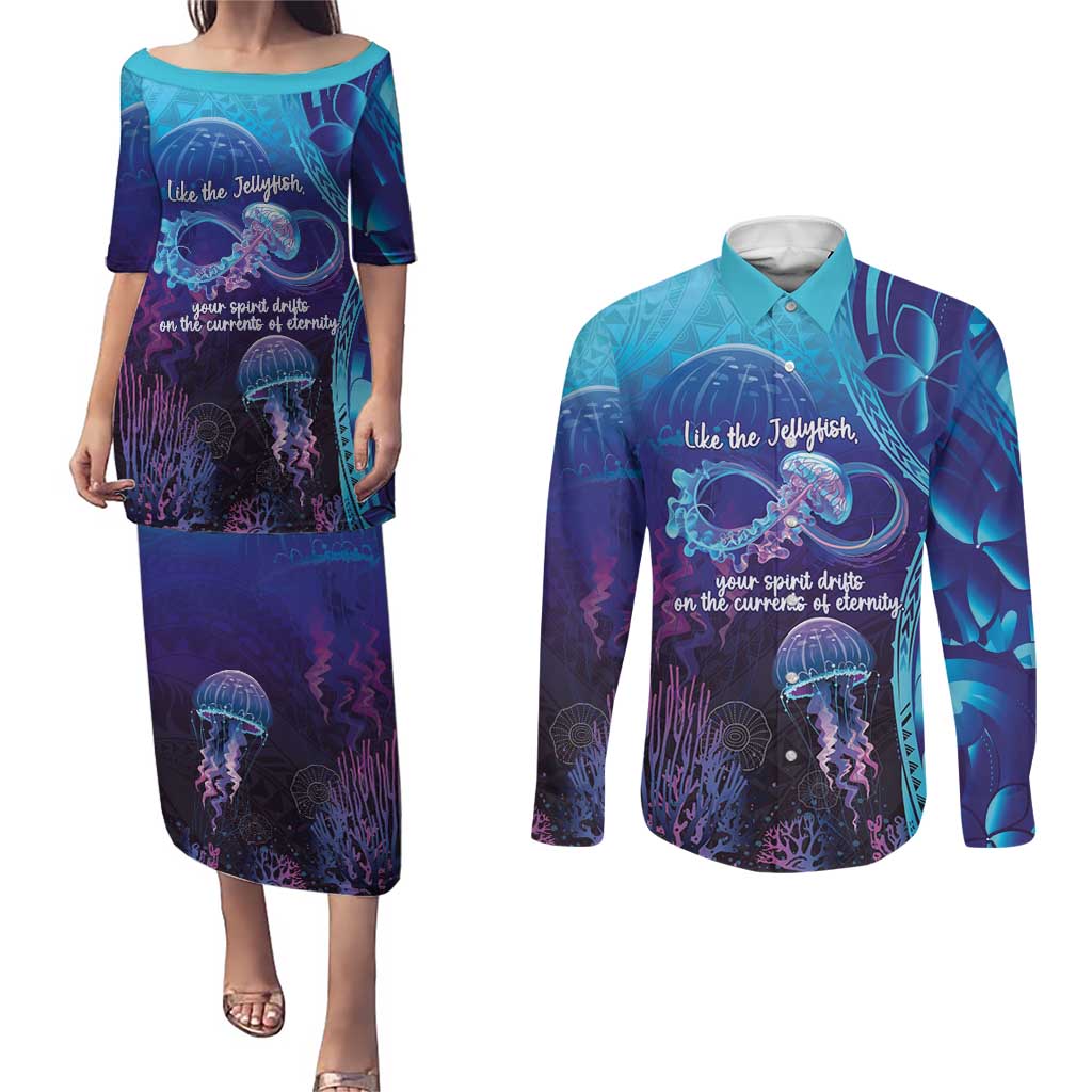 Polynesia Jellyfish Memorial Personalised Couples Matching Puletasi and Long Sleeve Button Shirt Infinity Jellies Polynesian Pattern LT14 Purple - Polynesian Pride