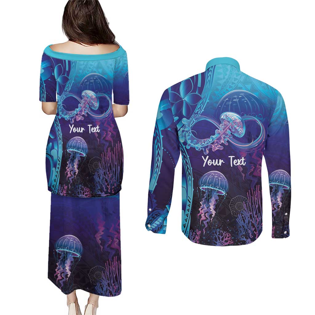 Polynesia Jellyfish Memorial Personalised Couples Matching Puletasi and Long Sleeve Button Shirt Infinity Jellies Polynesian Pattern