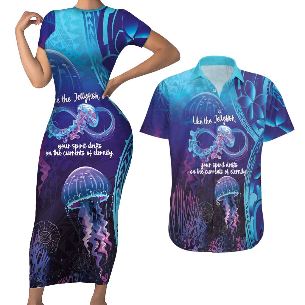 Polynesia Jellyfish Memorial Personalised Couples Matching Short Sleeve Bodycon Dress and Hawaiian Shirt Infinity Jellies Polynesian Pattern LT14 Purple - Polynesian Pride