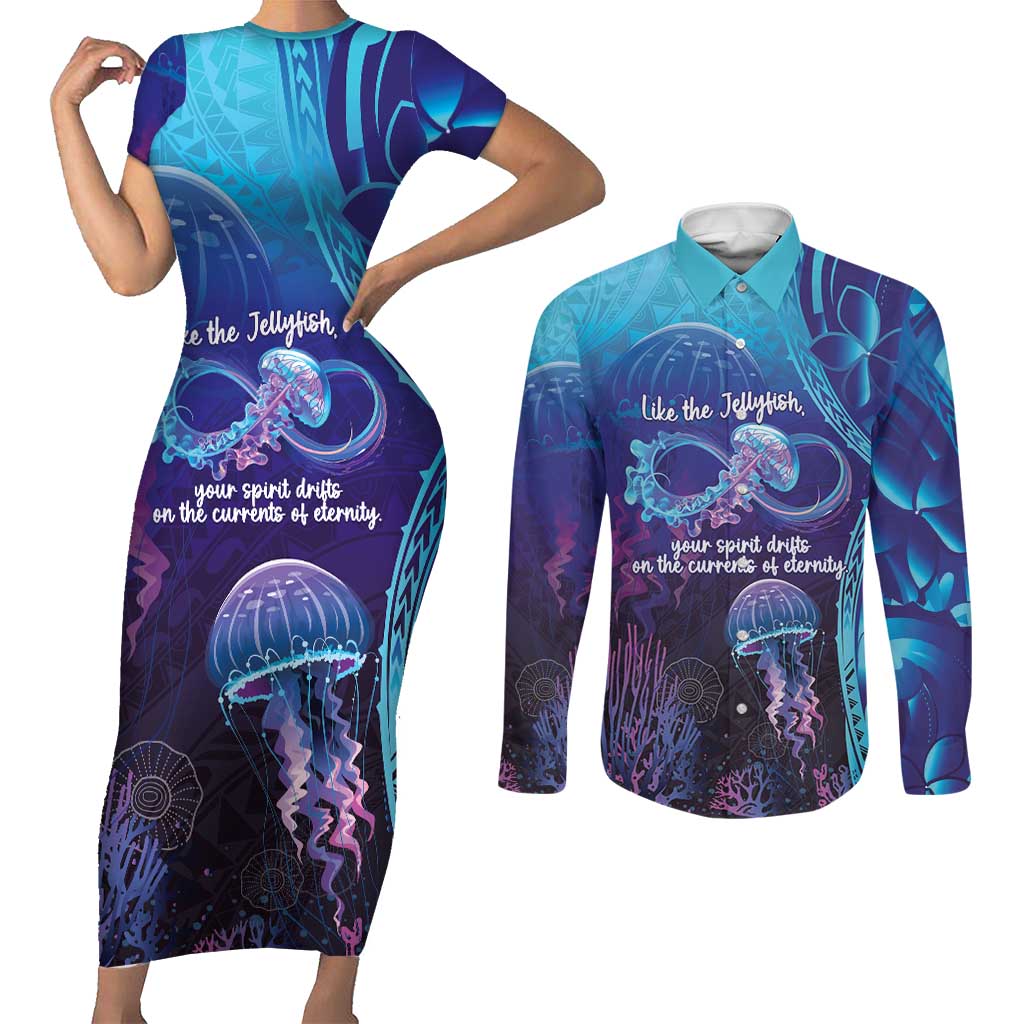 Polynesia Jellyfish Memorial Personalised Couples Matching Short Sleeve Bodycon Dress and Long Sleeve Button Shirt Infinity Jellies Polynesian Pattern LT14 Purple - Polynesian Pride