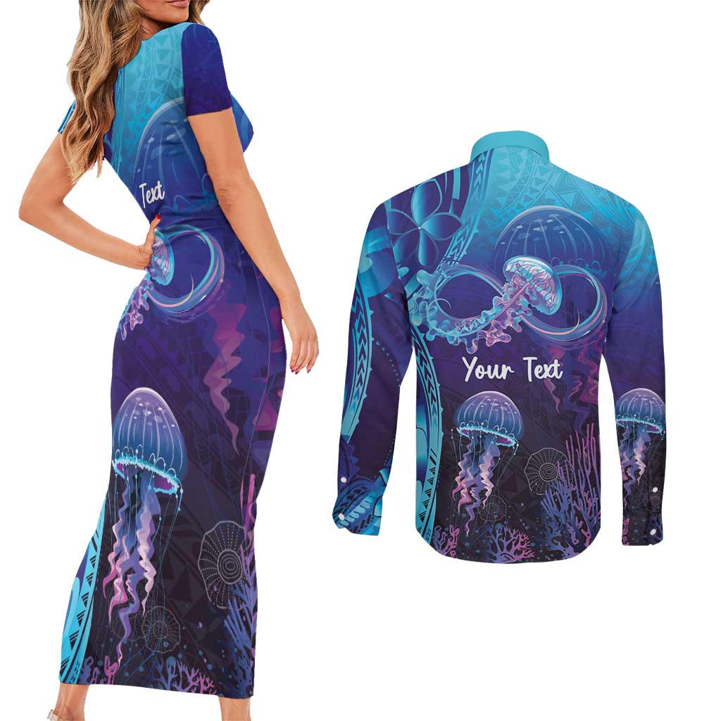 Polynesia Jellyfish Memorial Personalised Couples Matching Short Sleeve Bodycon Dress and Long Sleeve Button Shirt Infinity Jellies Polynesian Pattern