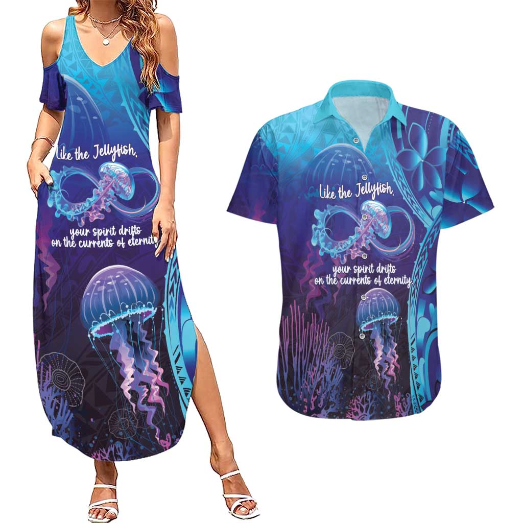 Polynesia Jellyfish Memorial Personalised Couples Matching Summer Maxi Dress and Hawaiian Shirt Infinity Jellies Polynesian Pattern LT14 Purple - Polynesian Pride