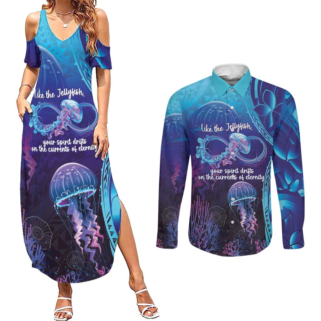 Polynesia Jellyfish Memorial Personalised Couples Matching Summer Maxi Dress and Long Sleeve Button Shirt Infinity Jellies Polynesian Pattern LT14 Purple - Polynesian Pride