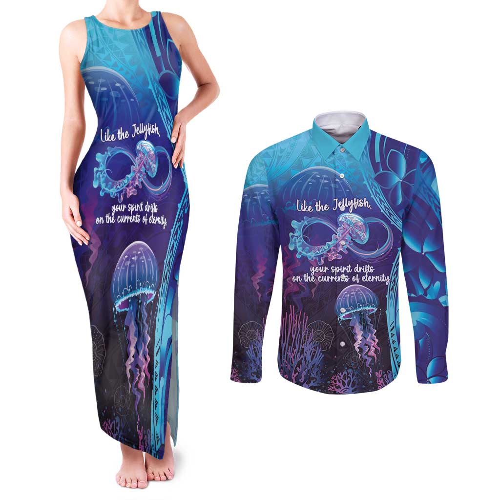 Polynesia Jellyfish Memorial Personalised Couples Matching Tank Maxi Dress and Long Sleeve Button Shirt Infinity Jellies Polynesian Pattern LT14 Purple - Polynesian Pride