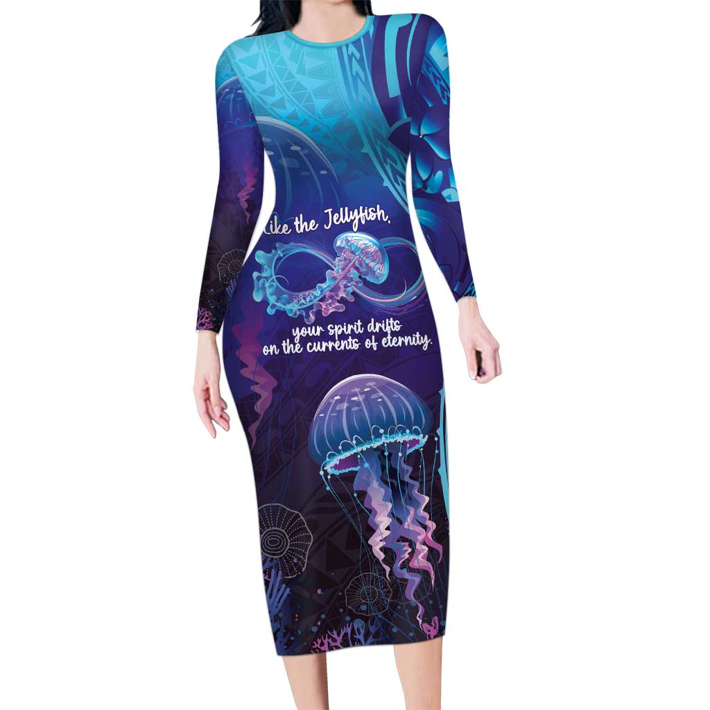 Polynesia Jellyfish Memorial Personalised Family Matching Long Sleeve Bodycon Dress and Hawaiian Shirt Infinity Jellies Polynesian Pattern LT14 Mom's Dress Purple - Polynesian Pride