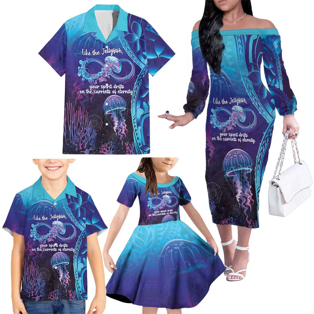 Polynesia Jellyfish Memorial Personalised Family Matching Off The Shoulder Long Sleeve Dress and Hawaiian Shirt Infinity Jellies Polynesian Pattern LT14 - Polynesian Pride