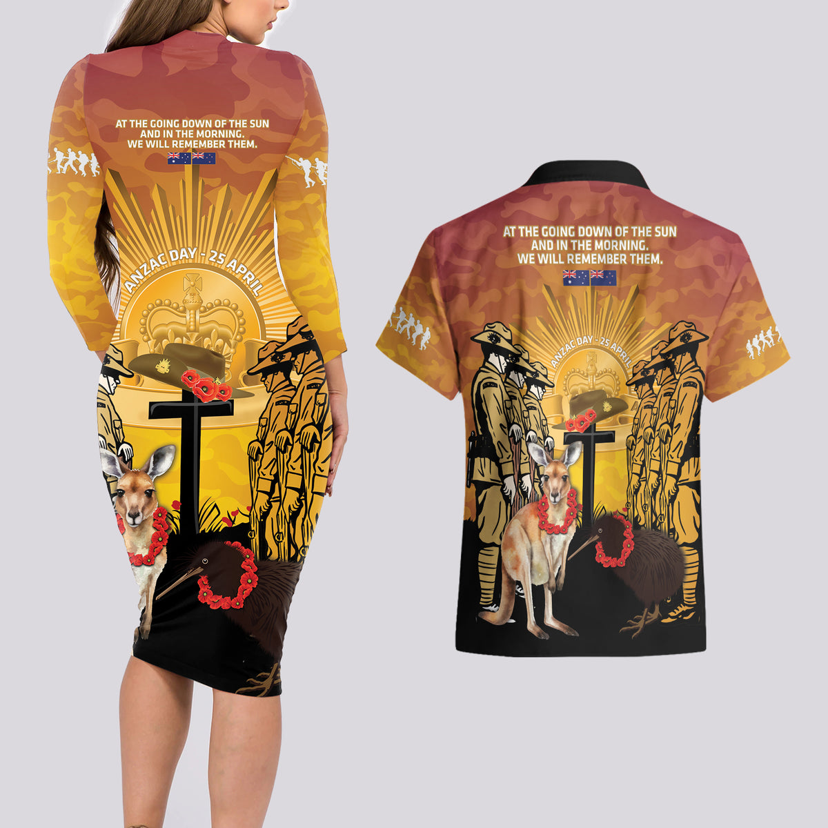 Australia And New Zealand ANZAC Couples Matching Long Sleeve Bodycon Dress and Hawaiian Shirt Aussie Kangaroo With Aotearoa Kiwi Lest We Forget LT14 - Polynesian Pride