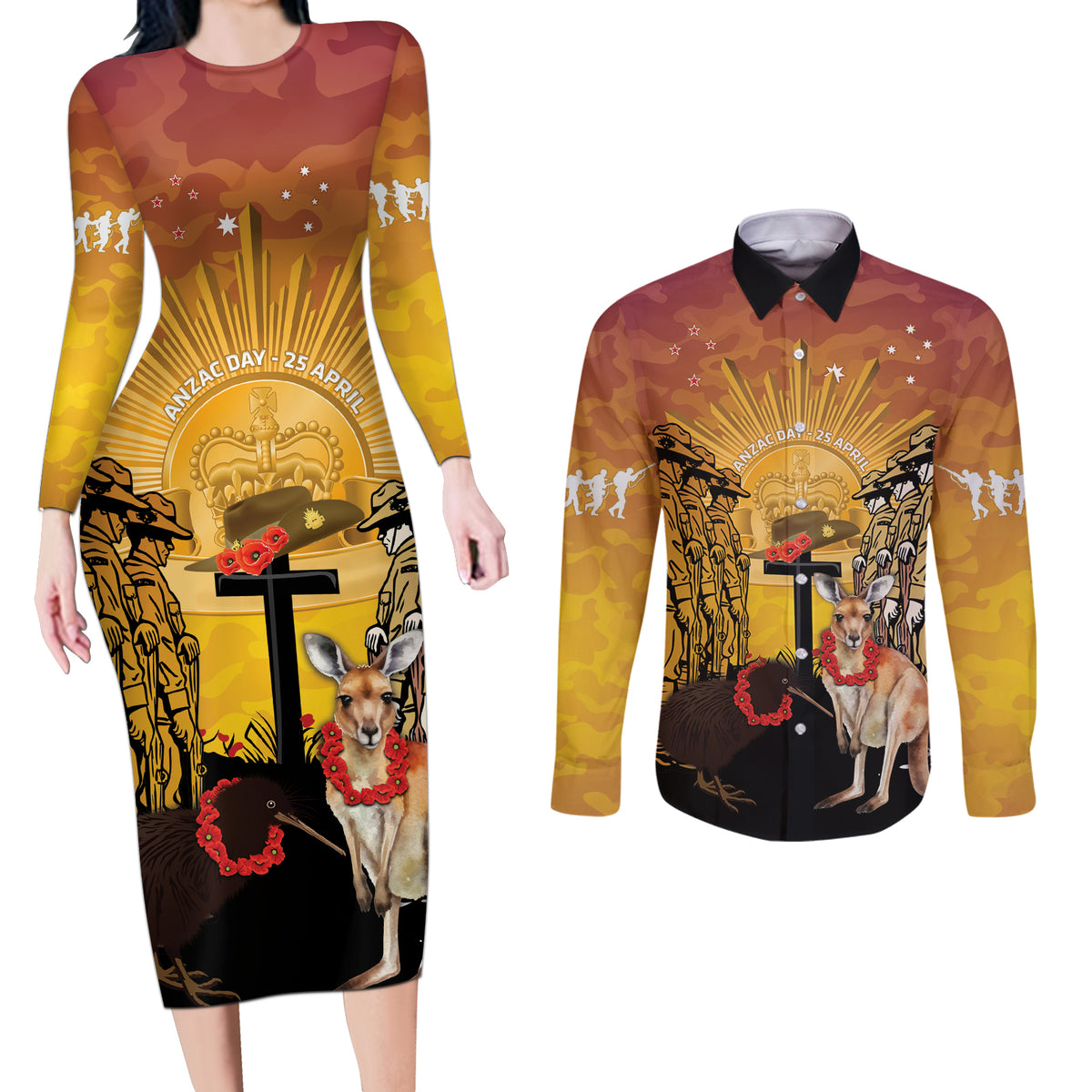 Australia And New Zealand ANZAC Couples Matching Long Sleeve Bodycon Dress and Long Sleeve Button Shirt Aussie Kangaroo With Aotearoa Kiwi Lest We Forget LT14 Yellow - Polynesian Pride