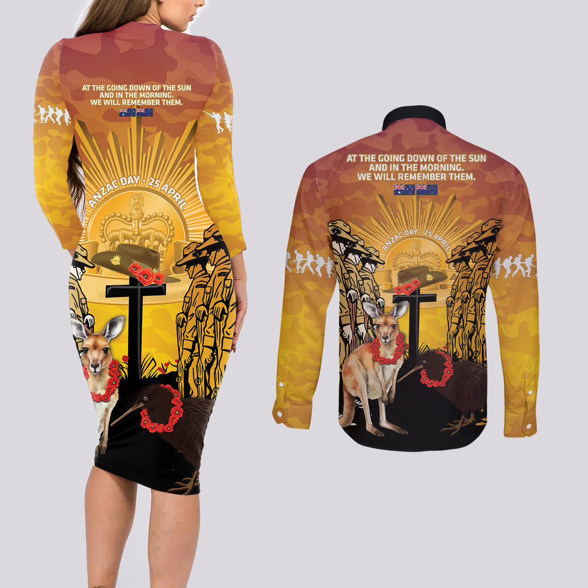 Australia And New Zealand ANZAC Couples Matching Long Sleeve Bodycon Dress and Long Sleeve Button Shirt Aussie Kangaroo With Aotearoa Kiwi Lest We Forget LT14 - Polynesian Pride
